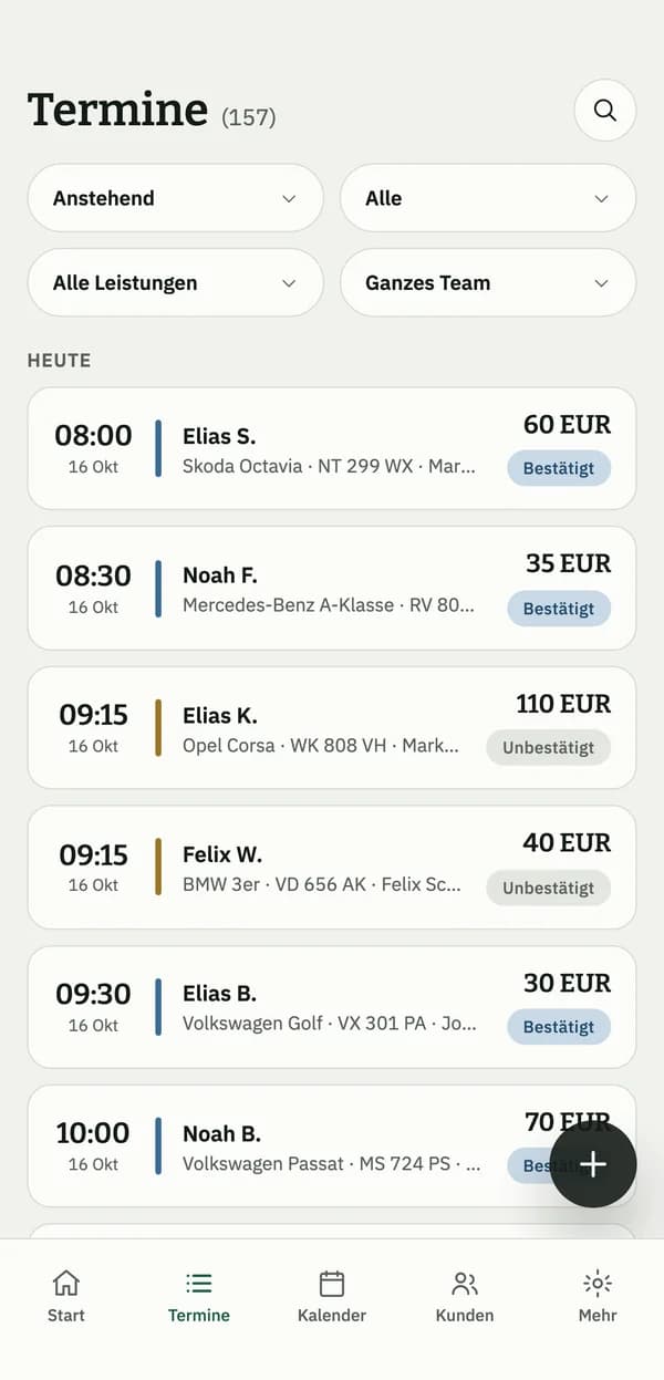 Buchungsliste in der mobilen Auto128-App
