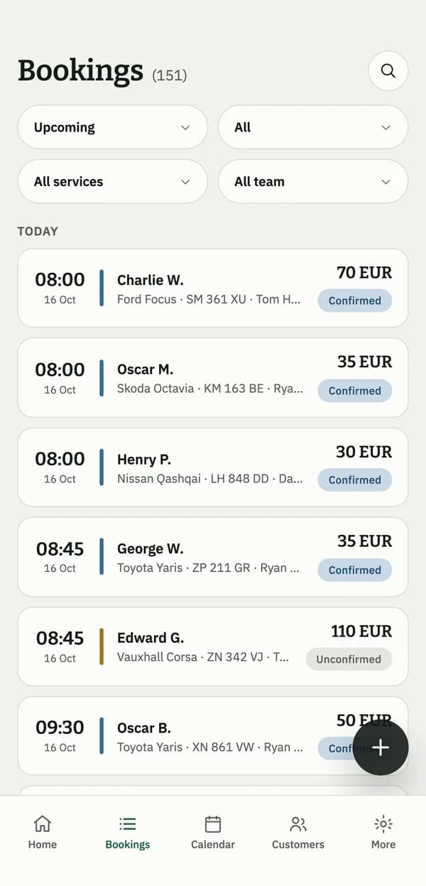 Bookings list in the Auto128 mobile app