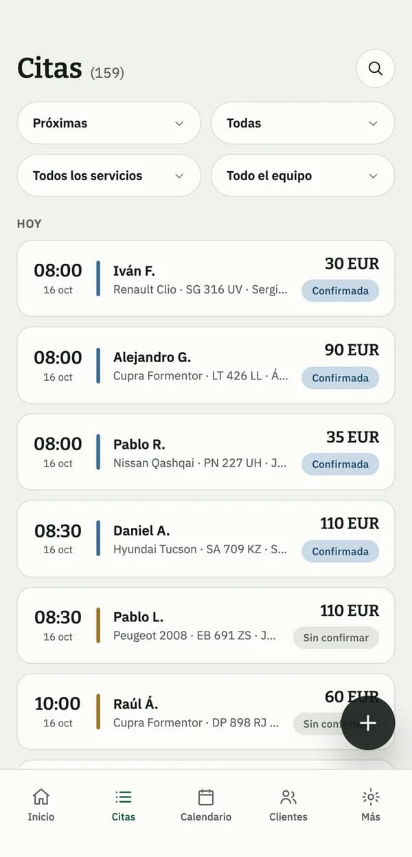 Lista de citas en la app móvil de Auto128