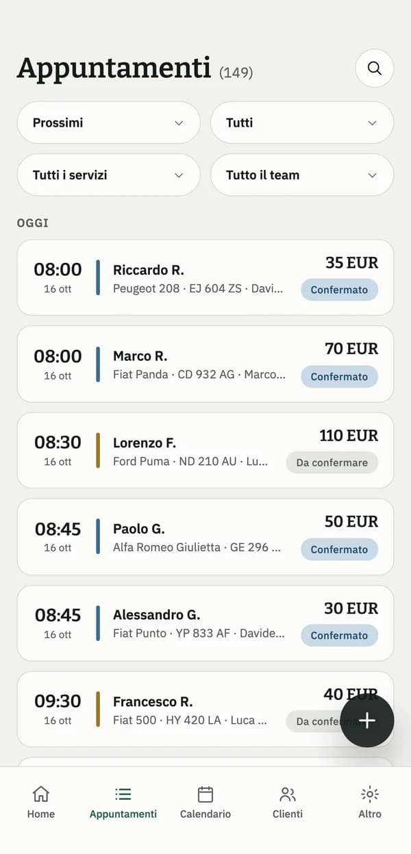 Elenco delle prenotazioni nell'app mobile di Auto128