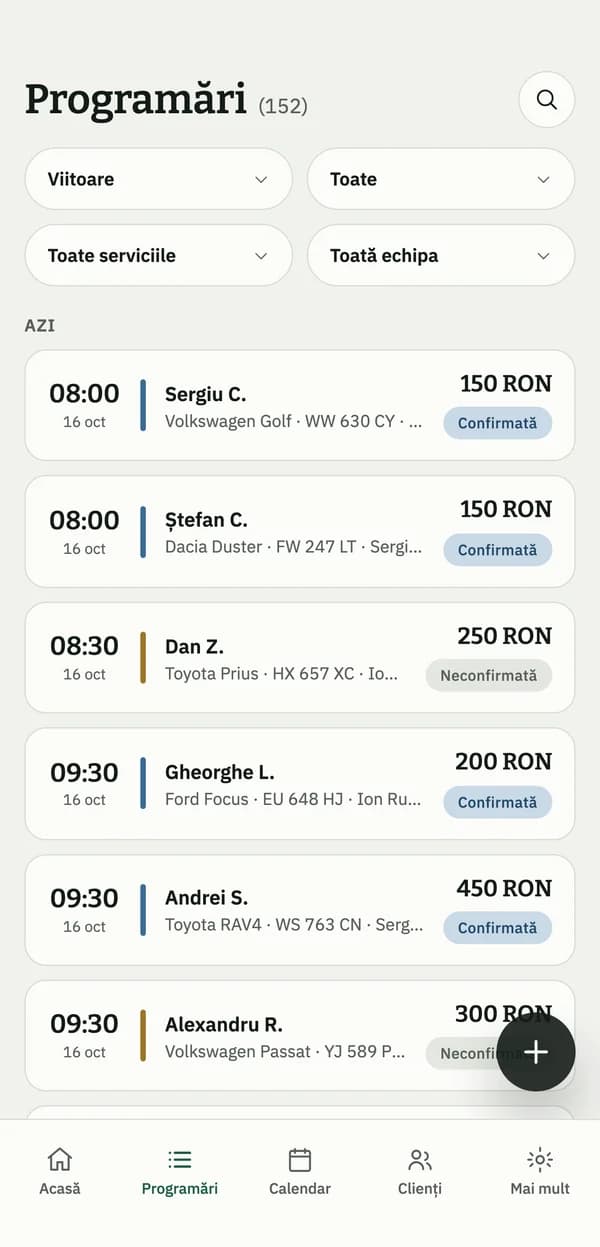 Lista de programări din aplicația mobilă Auto128