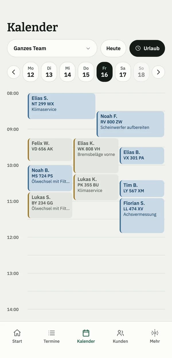 Kalender der Auto128-App mit den Terminen des Tages