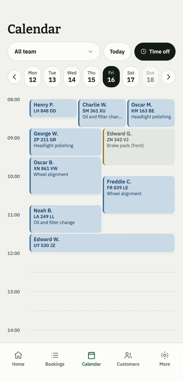 Auto128 app calendar with the day's appointments
