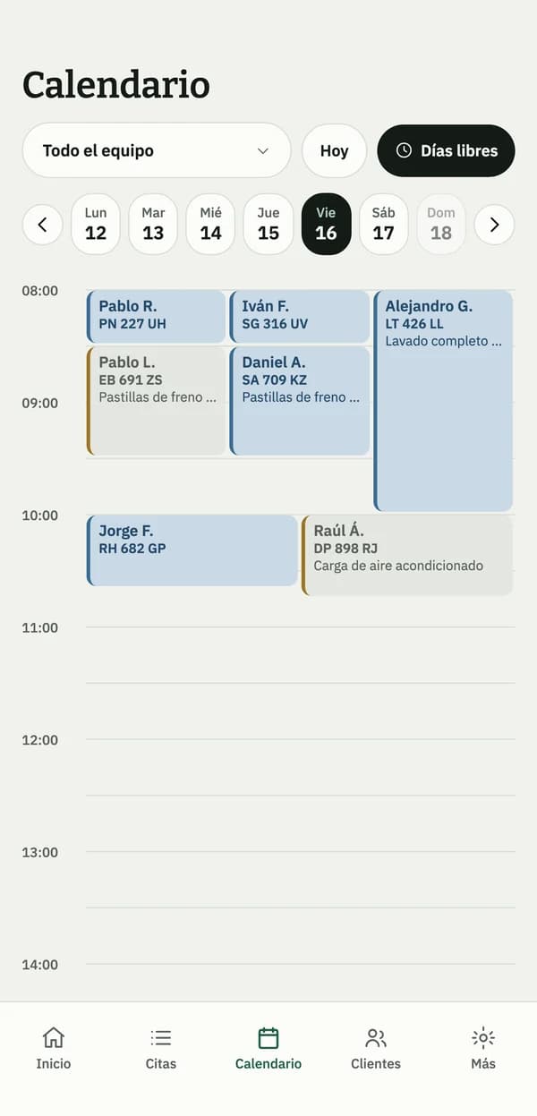 Calendario de la app Auto128 con las citas del día
