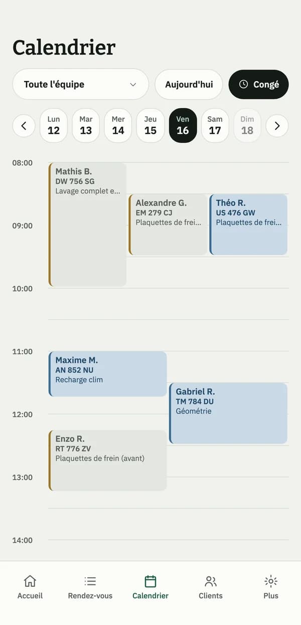 Agenda de l'application Auto128 avec les rendez-vous de la journée