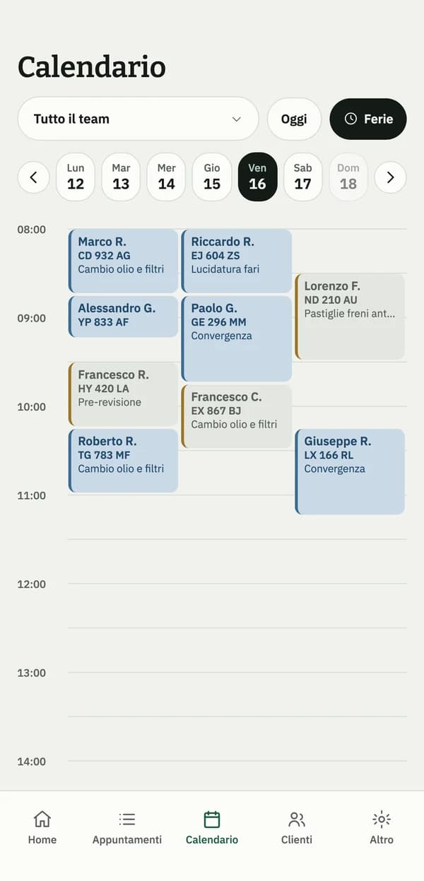 Calendario dell'app Auto128 con gli appuntamenti della giornata