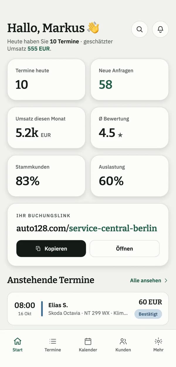 Startbildschirm der Auto128-App: heutige Buchungen, Umsatz und Ihr Buchungslink