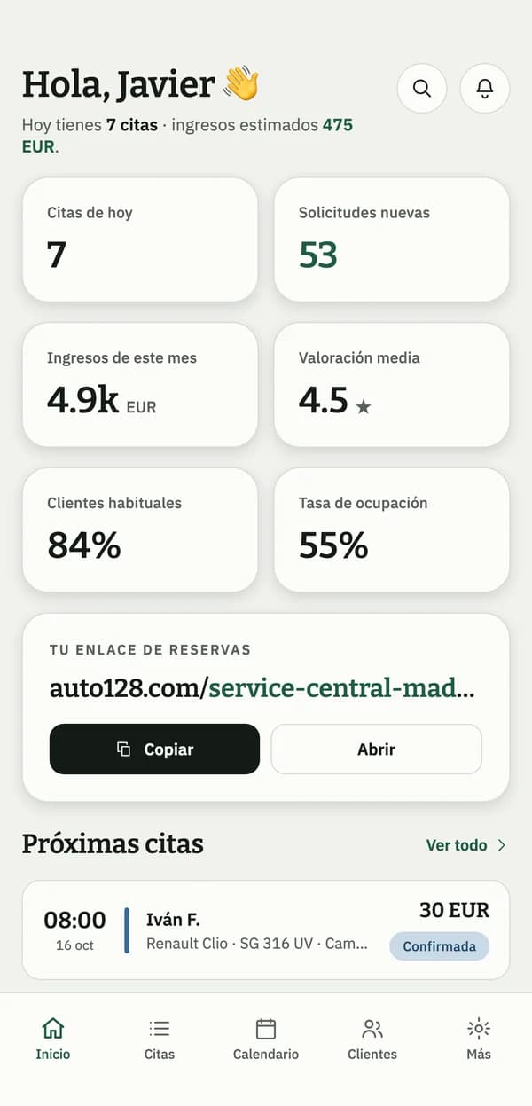 Pantalla de inicio de la app Auto128: citas de hoy, ingresos y tu enlace de reservas