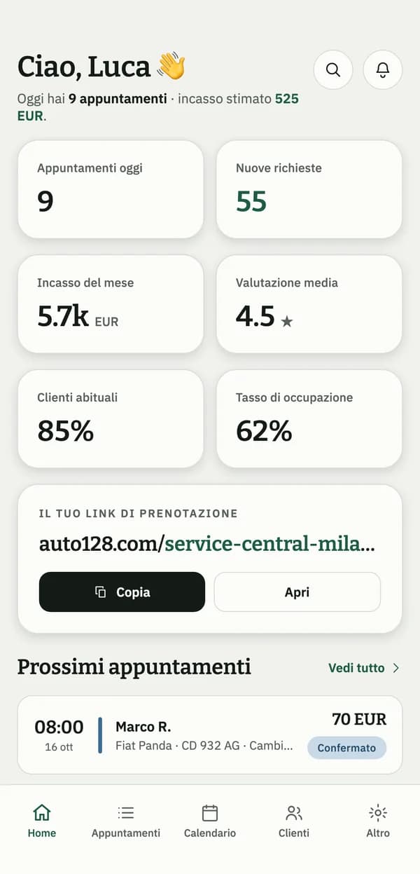Schermata principale dell'app Auto128: prenotazioni di oggi, incassi e il tuo link di prenotazione