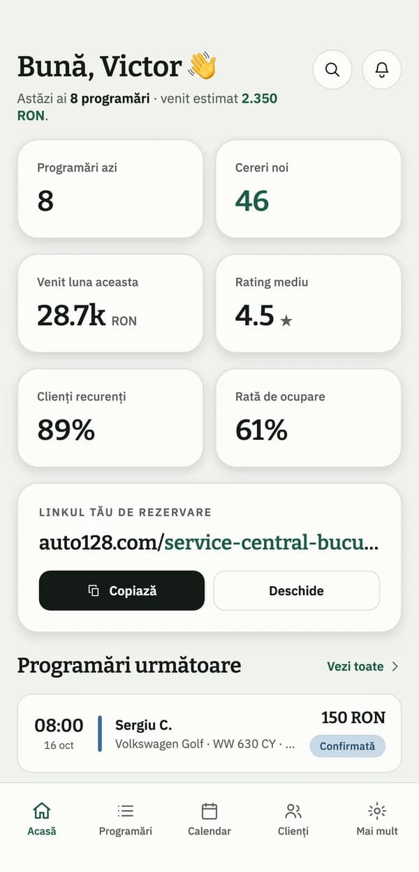 Ecranul principal al aplicației Auto128: programările de azi, încasările și linkul de programare