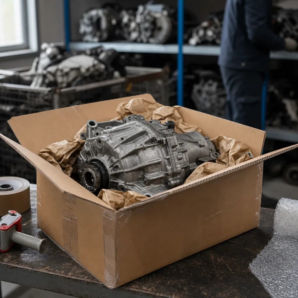 A used OEM car part being packaged for international shipping from a German dismantler
