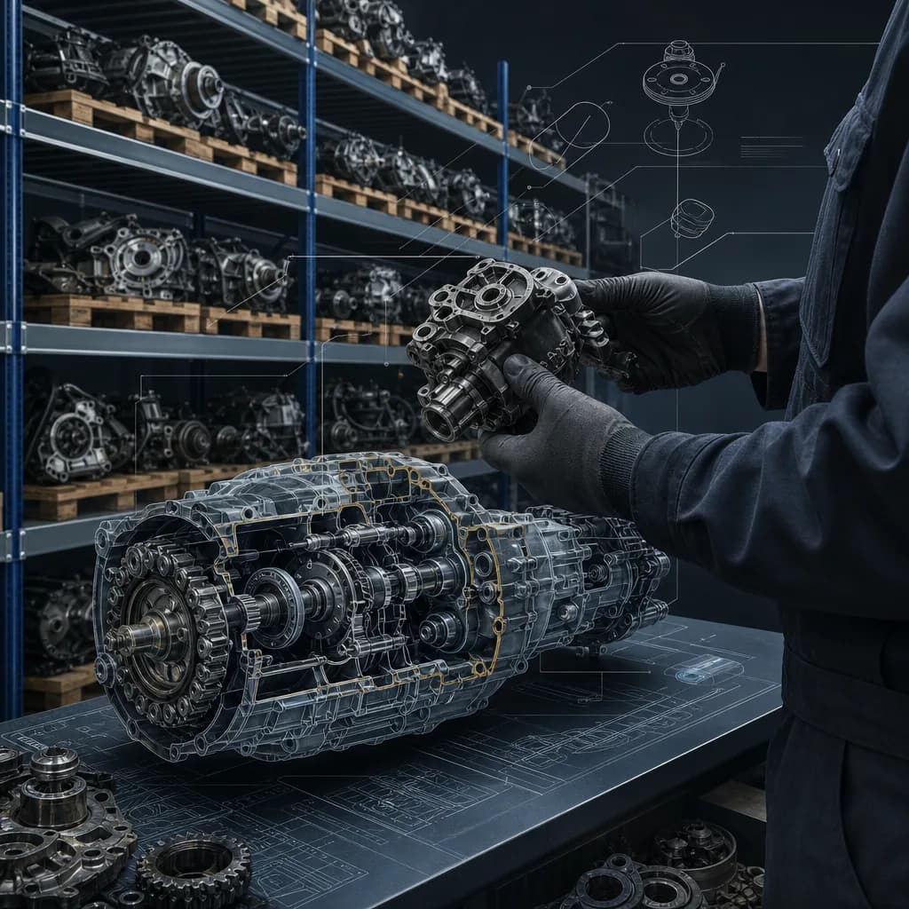 A dismantler inspecting a used car engine part on a workbench.
