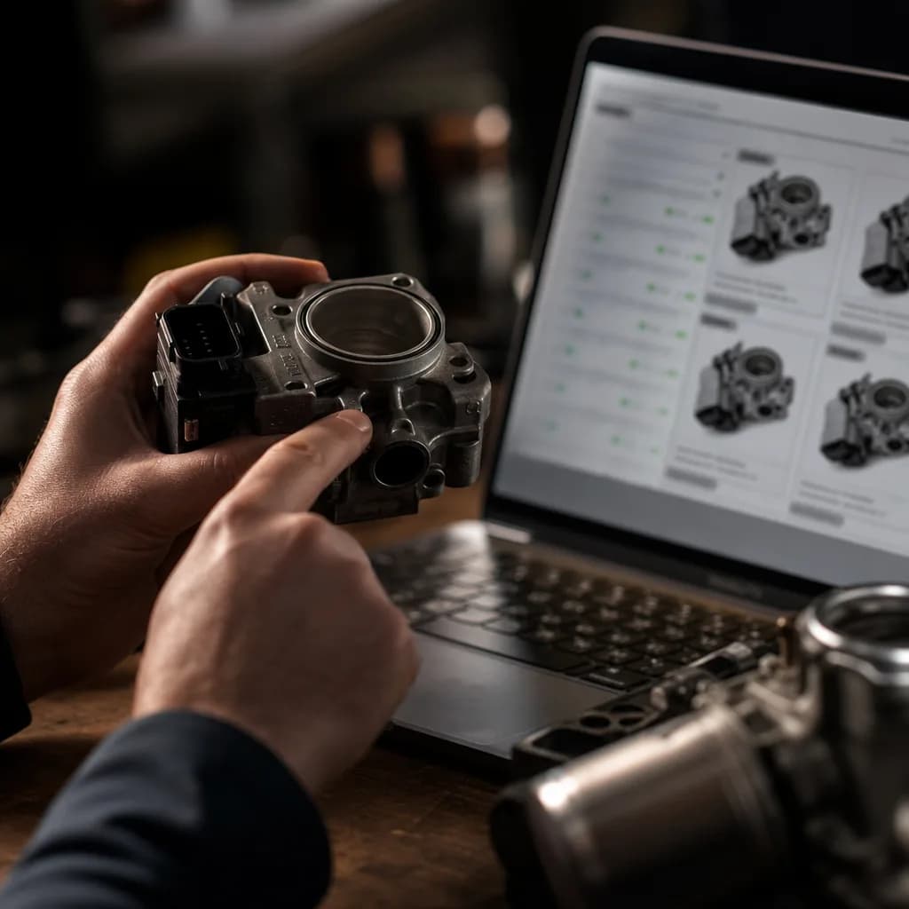 Man checking OEM part number on engine component against live inventory list