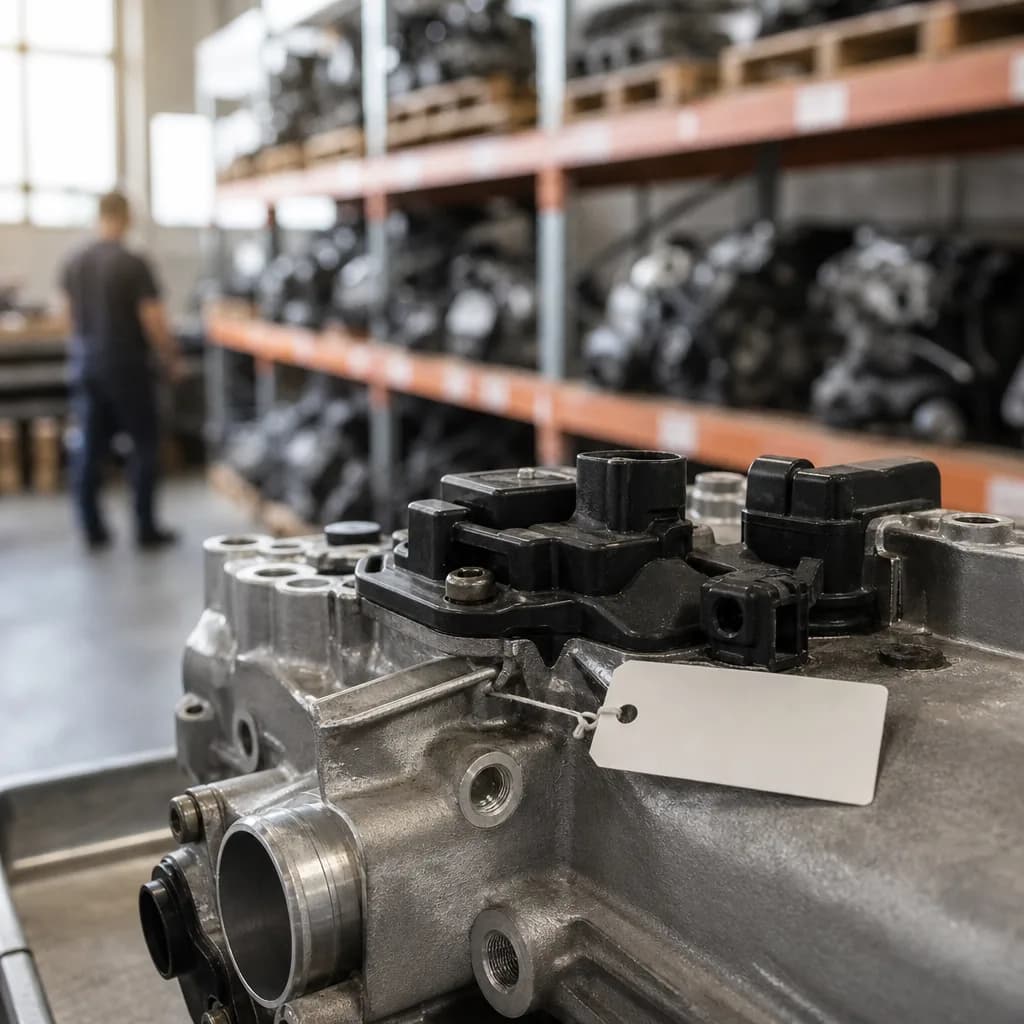 A close-up of a car engine part with an OEM number label, highlighting the code that ensures correct fitment.