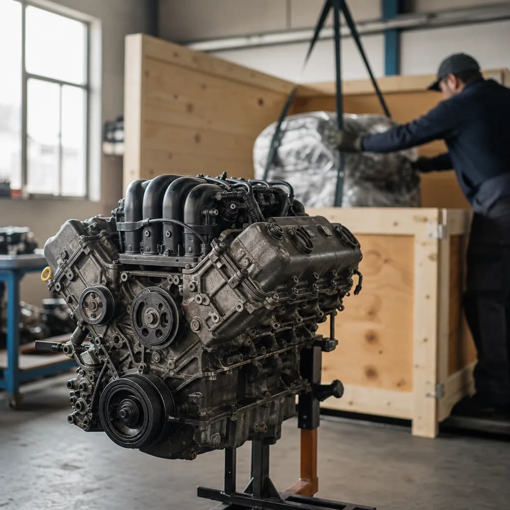 Used engine being loaded into a shipping crate for international transport