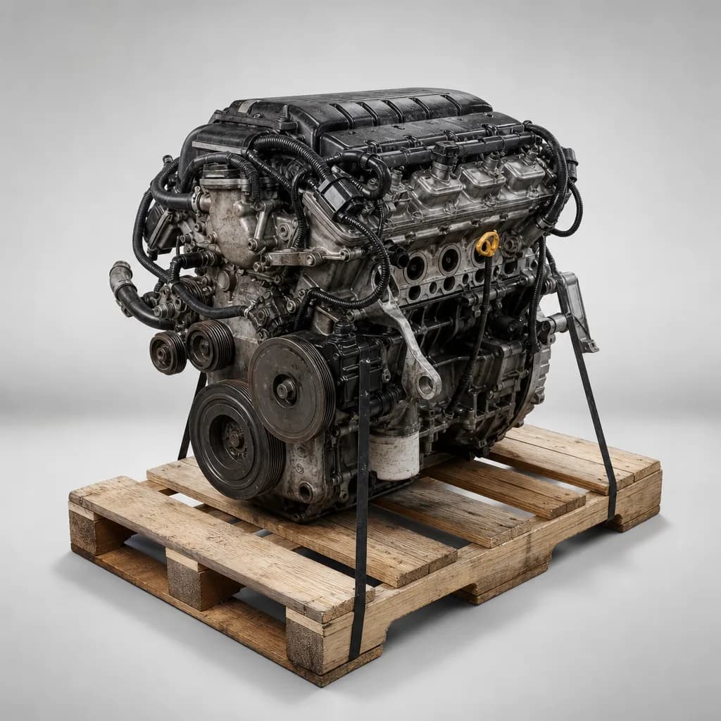 Used car engine sitting on a pallet ready for shipping