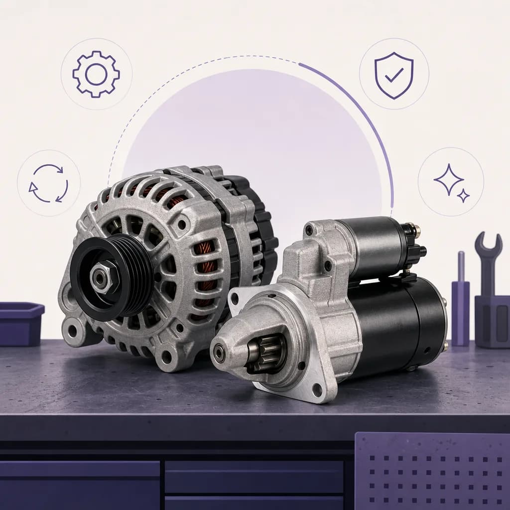 Used OEM alternator and starter motor on a workbench