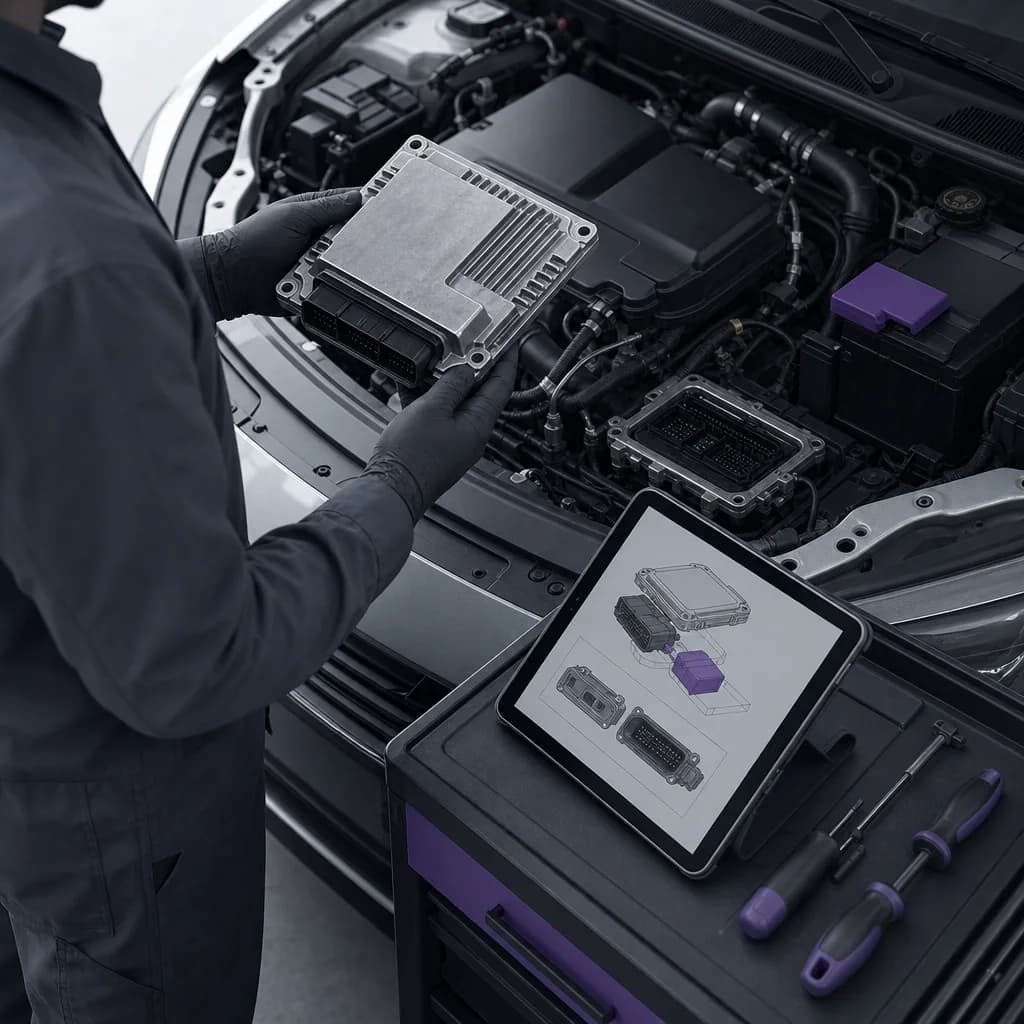 Used ECU control module in a car's engine bay