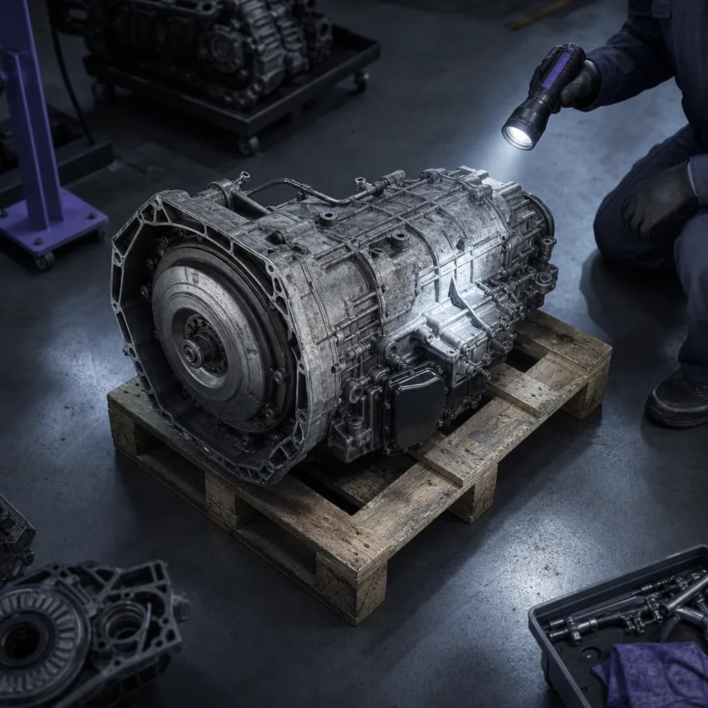 Used automatic transmission on a garage floor being inspected with a flashlight