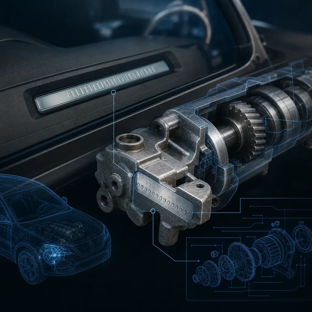 Close up of a car VIN number on the dashboard showing digits that decode to OEM part numbers