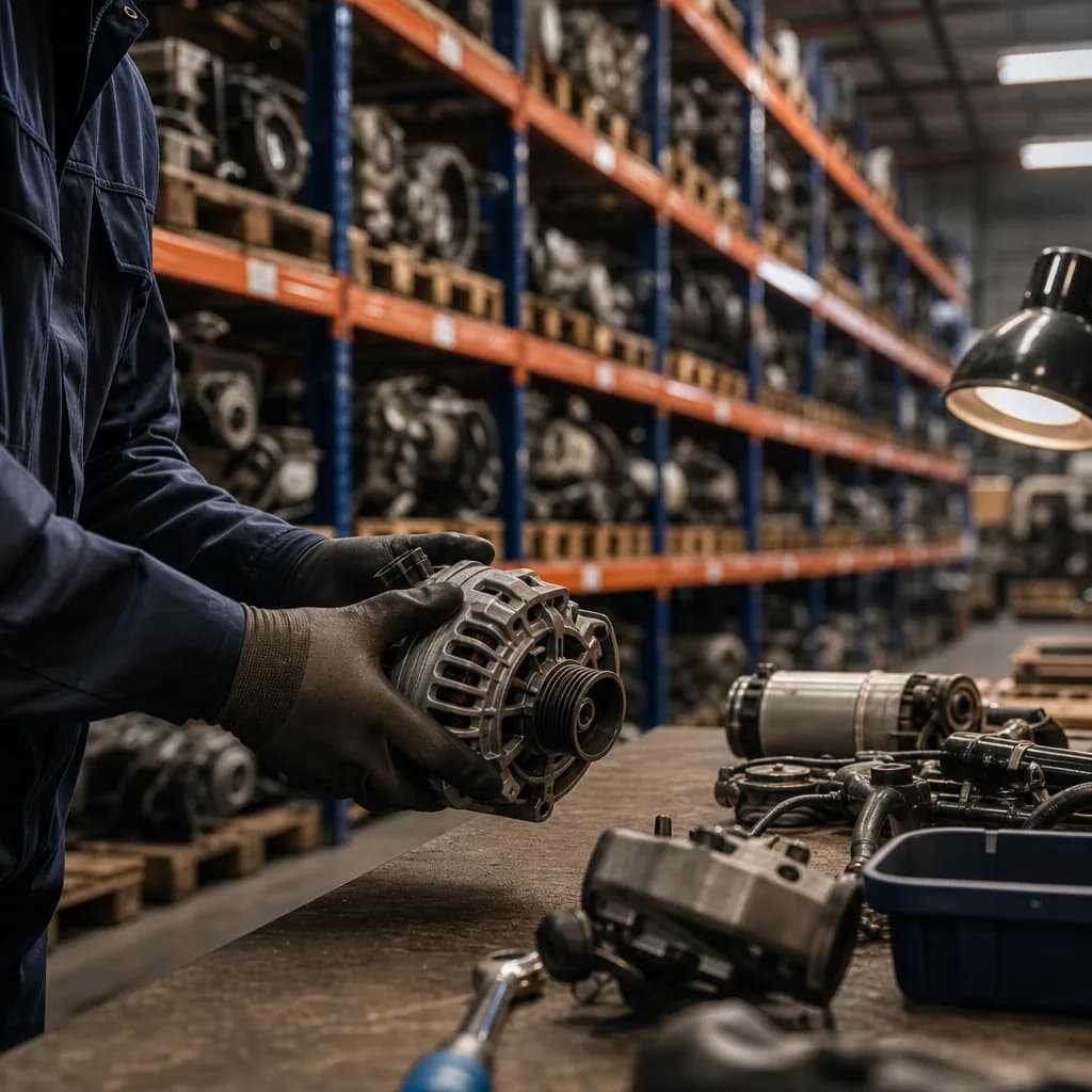 A mechanic inspecting a used OEM car part on a workbench