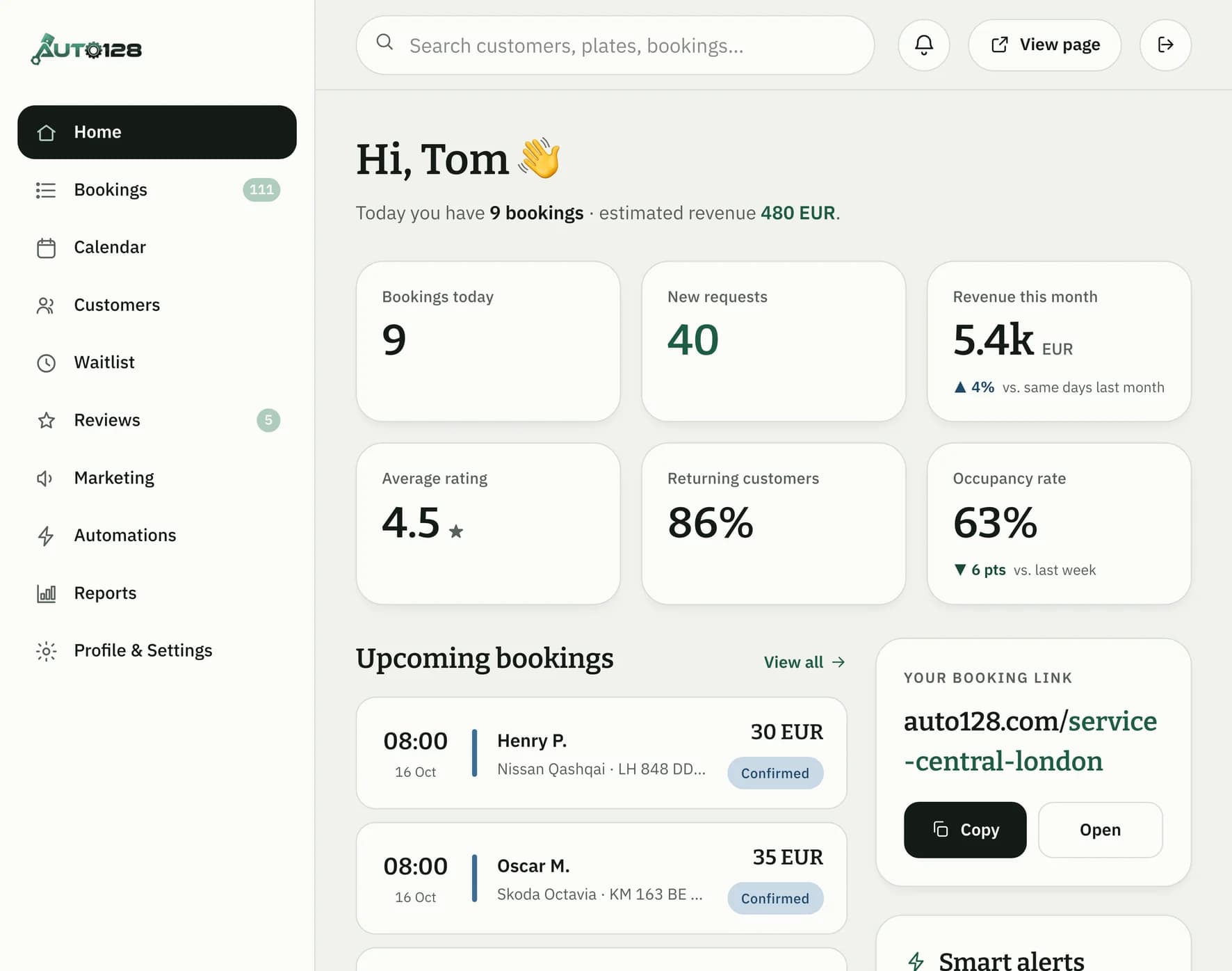 Auto128 web dashboard: today's bookings, revenue and upcoming appointments