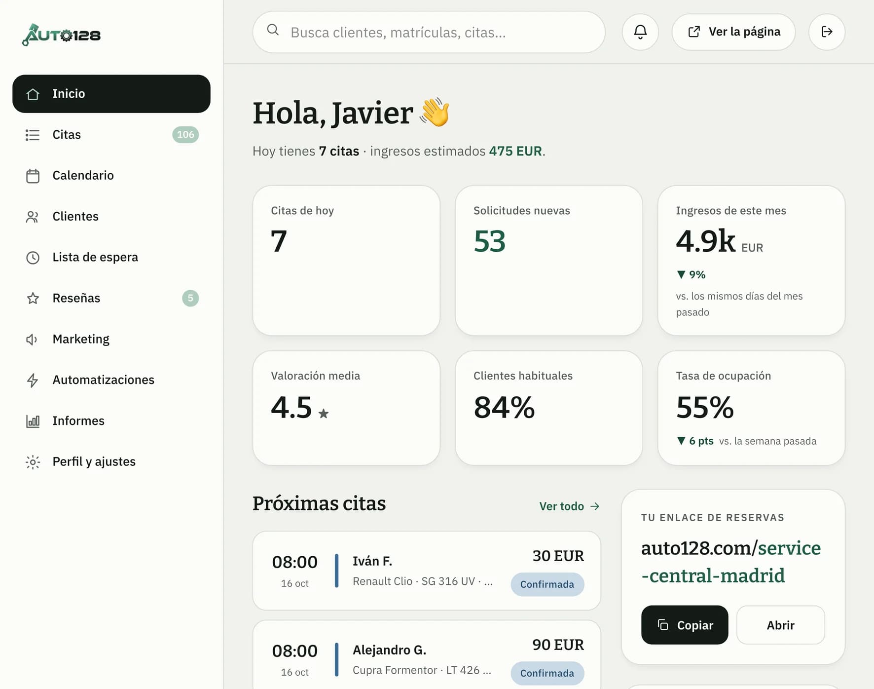Panel web de Auto128: citas de hoy, ingresos y próximas citas