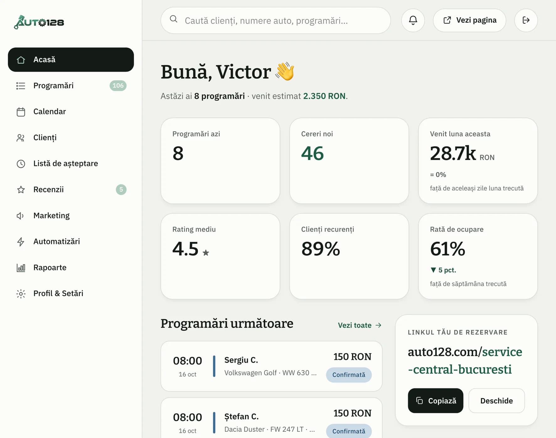Dashboardul web Auto128: programările de azi, încasările și programările următoare